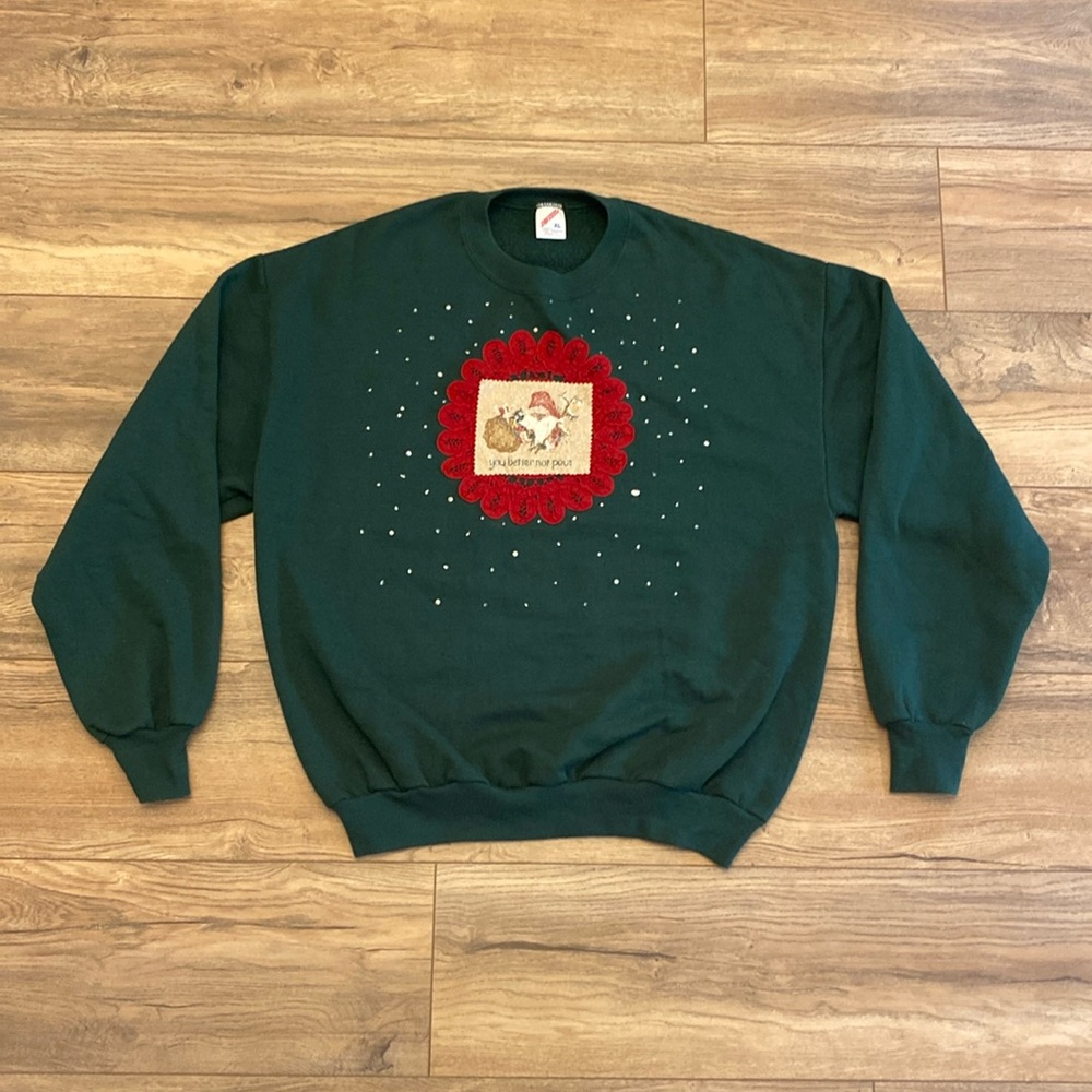 Vintage You Better Not Pout Doily Puff Paint Christmas Crewneck Sweatshirt